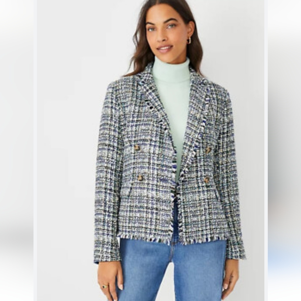 Ann Taylor Double Breasted Blue Tweed Shimmer Blazer Size Medium Petite NWT